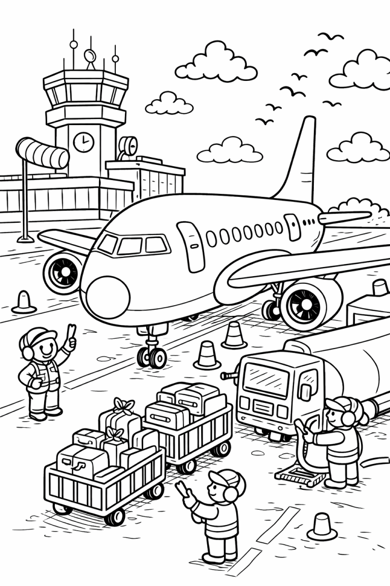 Illustration of an airport with a plane and workers