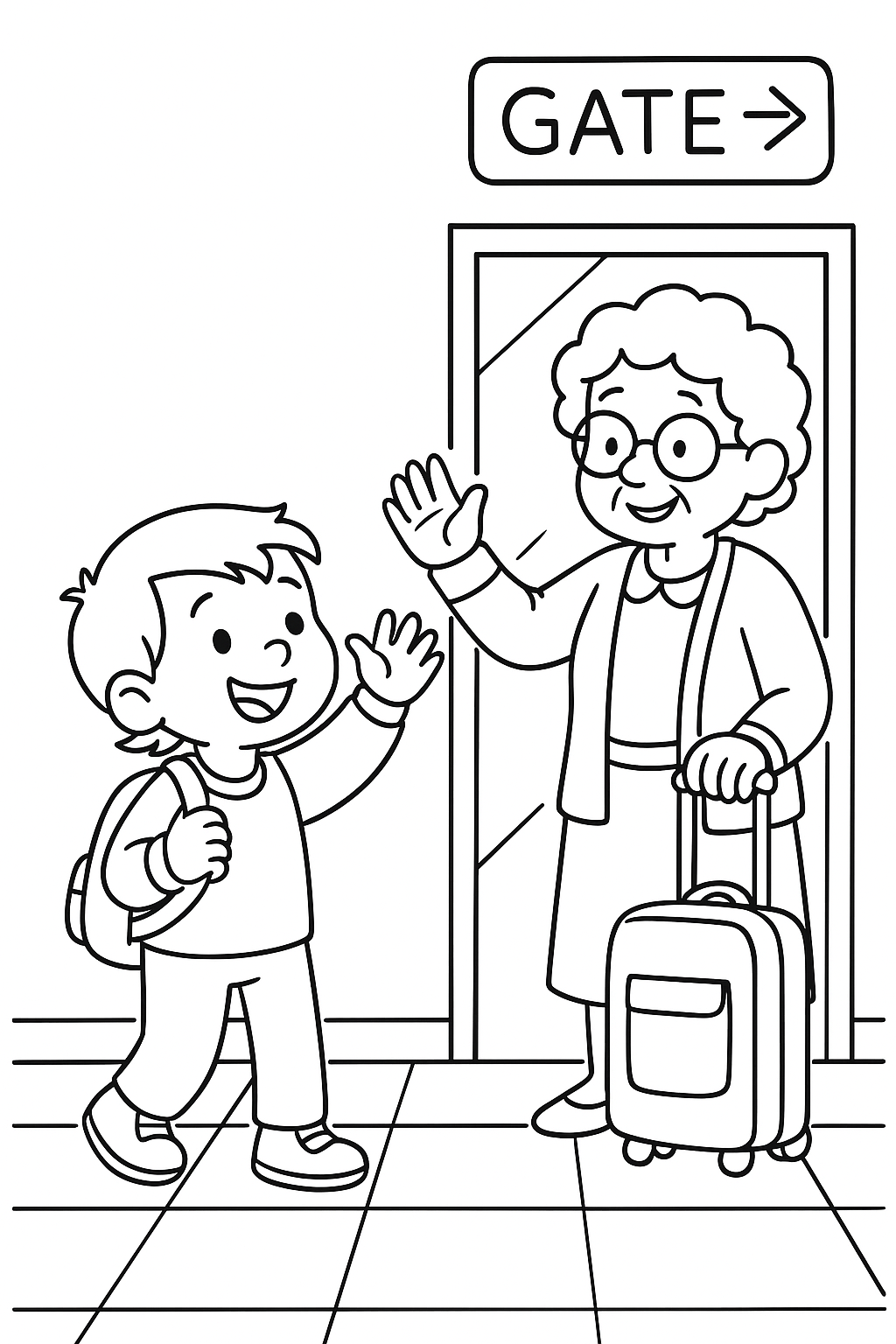 Boy greeting grandmother at airport gate coloring page