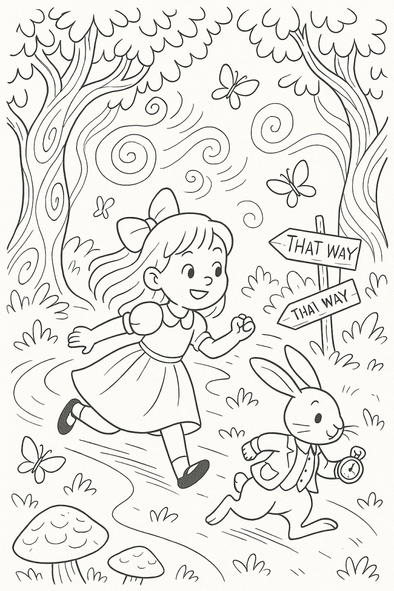 Alice and rabbit from Wonderland running.