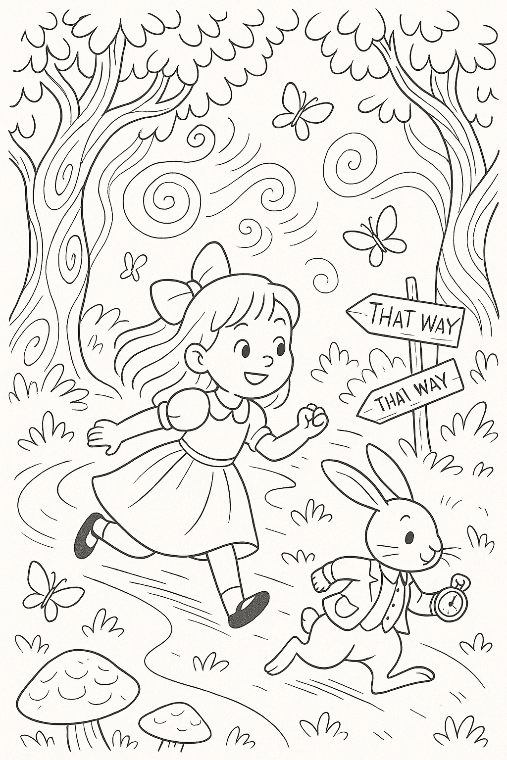 Alice and rabbit from Wonderland running.