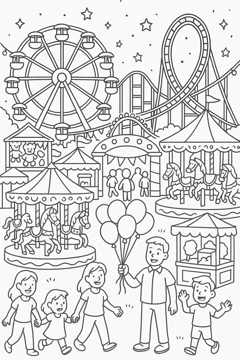 Children's coloring page of an amusement park with rides and family.
