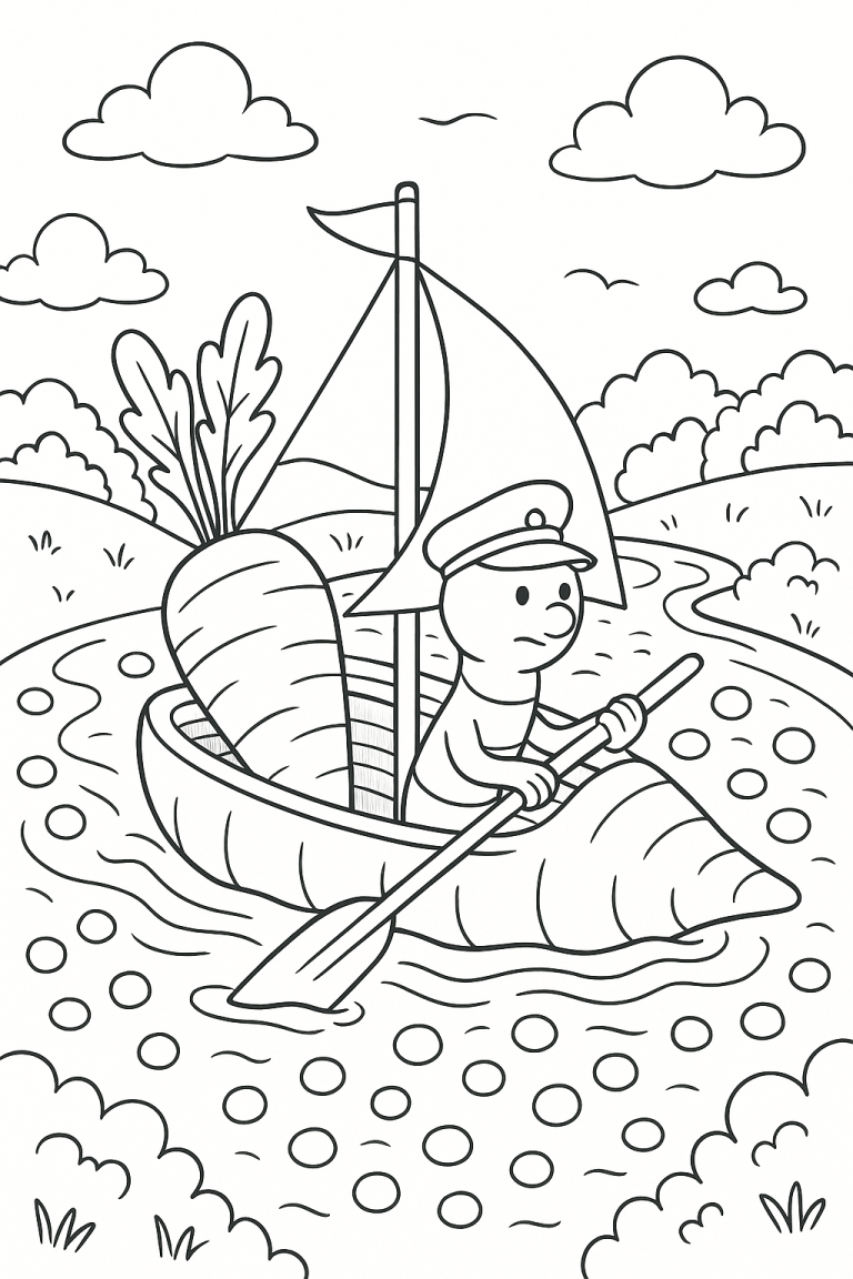 Animal captain sailing in a carrot boat on a river