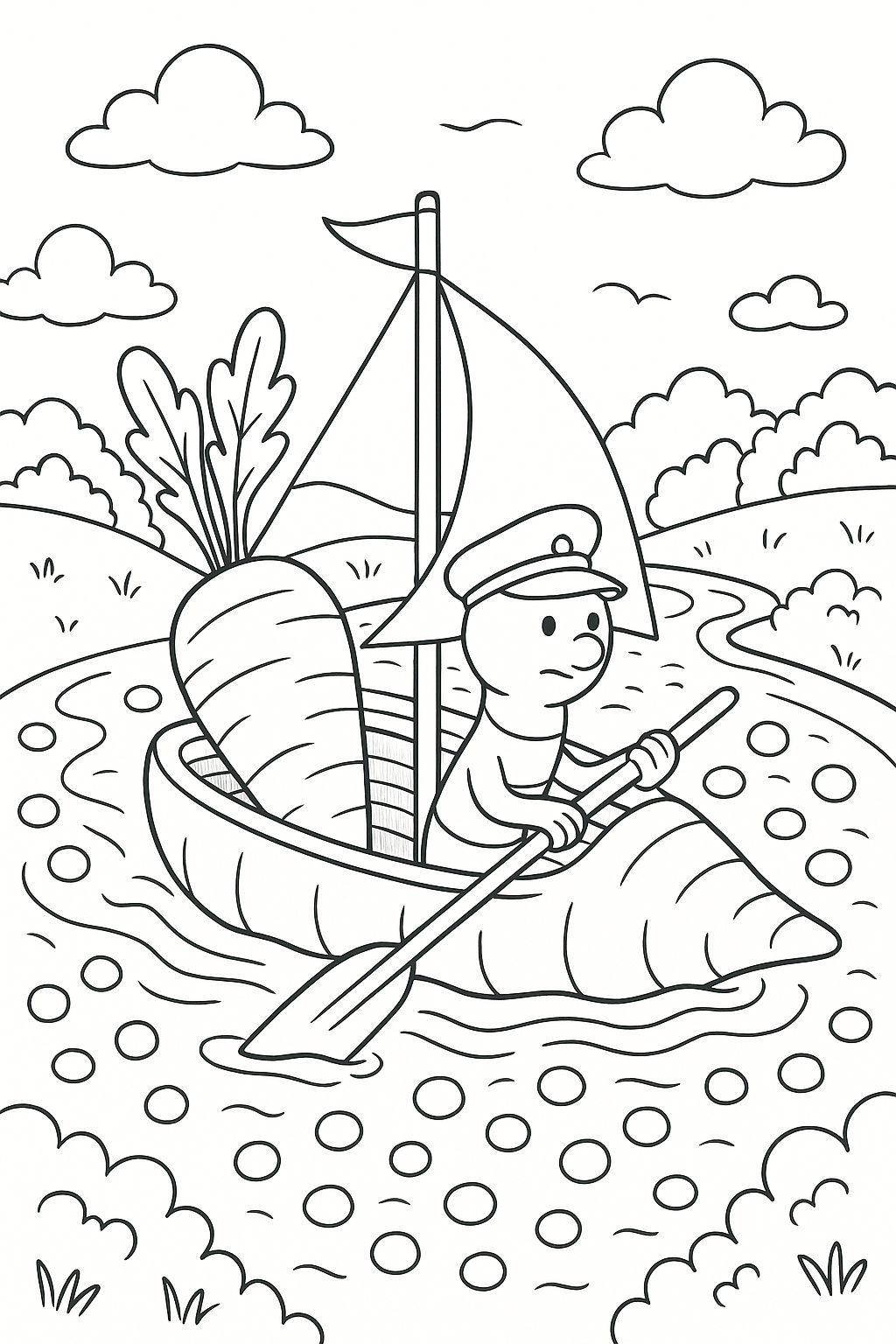Animal captain sailing in a carrot boat on a river