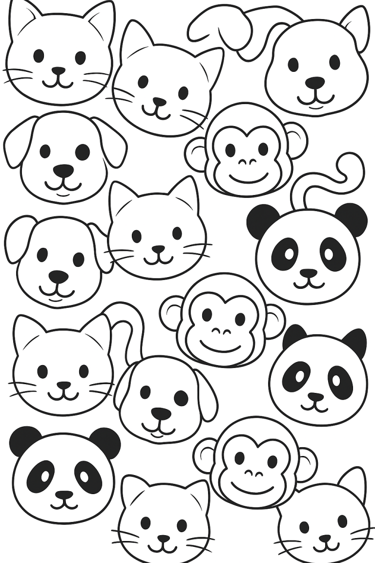 Coloring page with animal faces including cats, dogs, and pandas