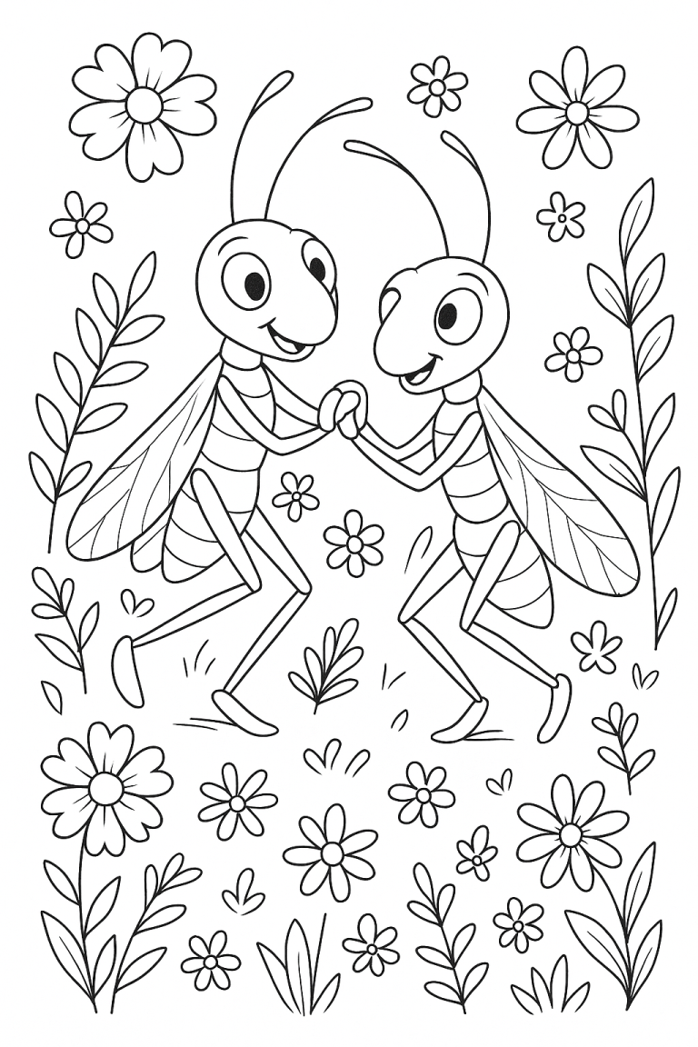 Two cartoon ants dancing among flowers