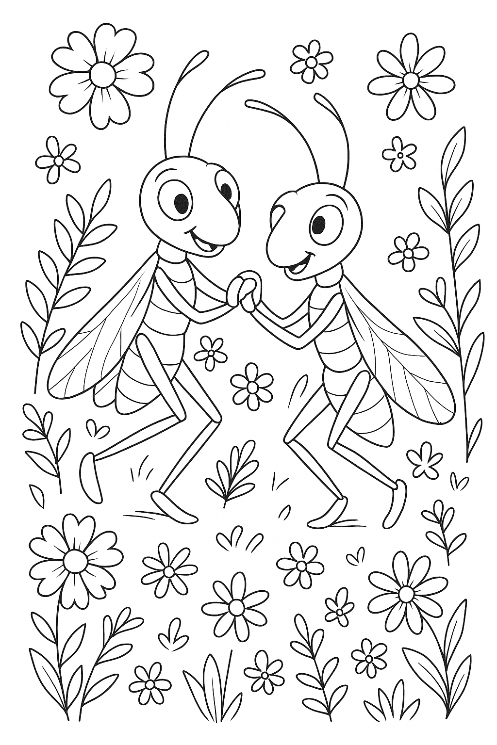 Two cartoon ants dancing among flowers