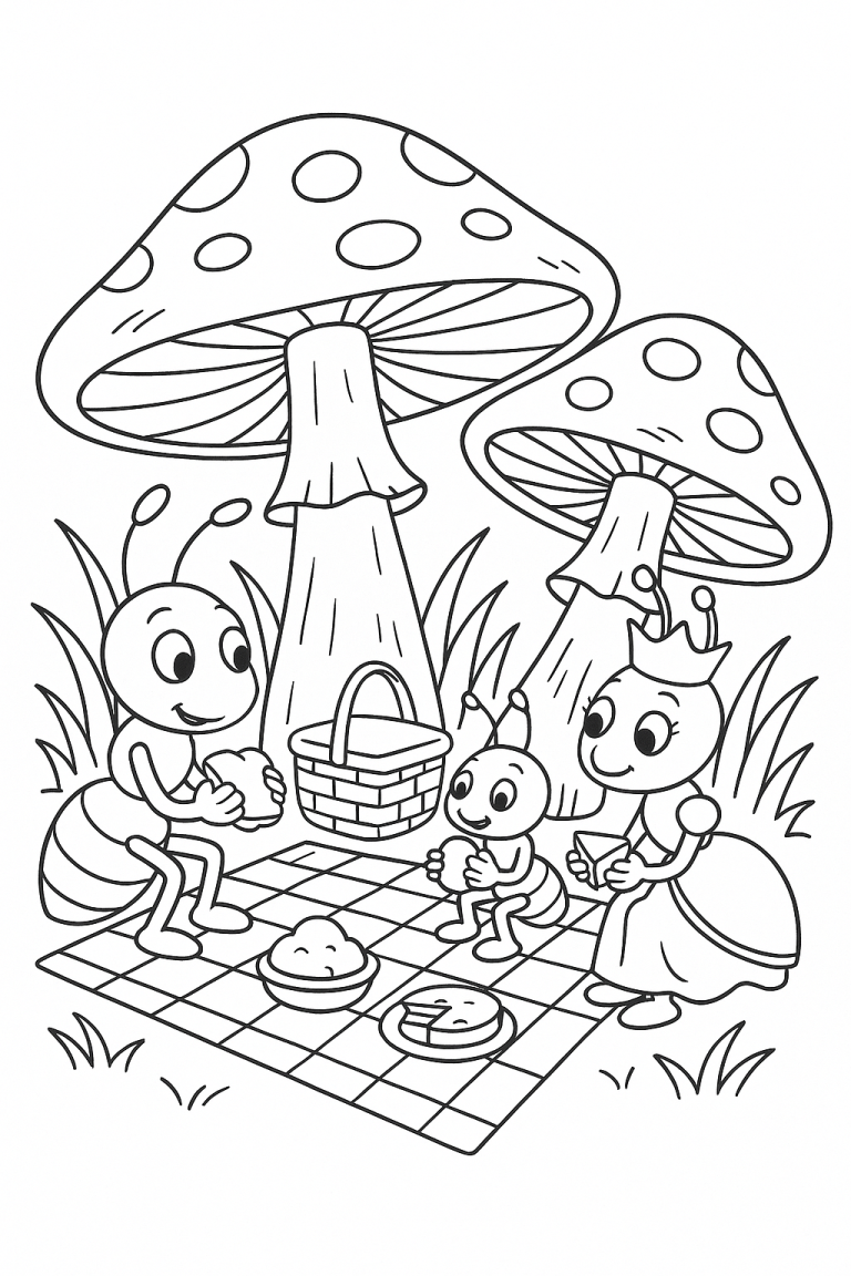 Illustration of ants having a picnic under mushrooms.