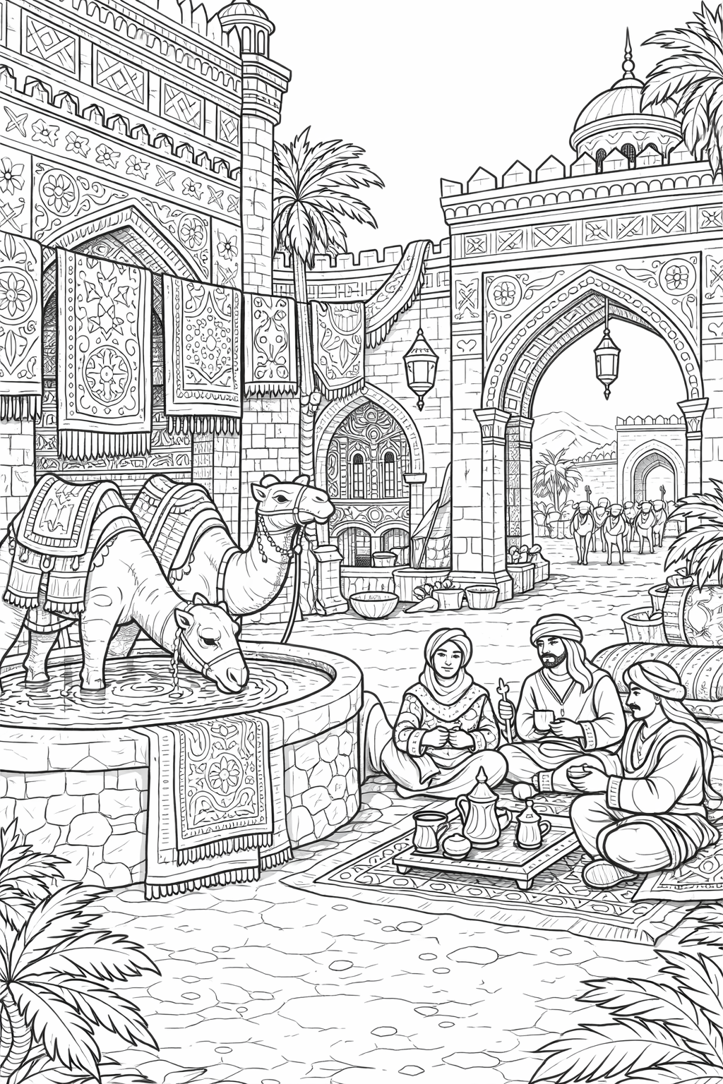 Arabian market scene with people and camels