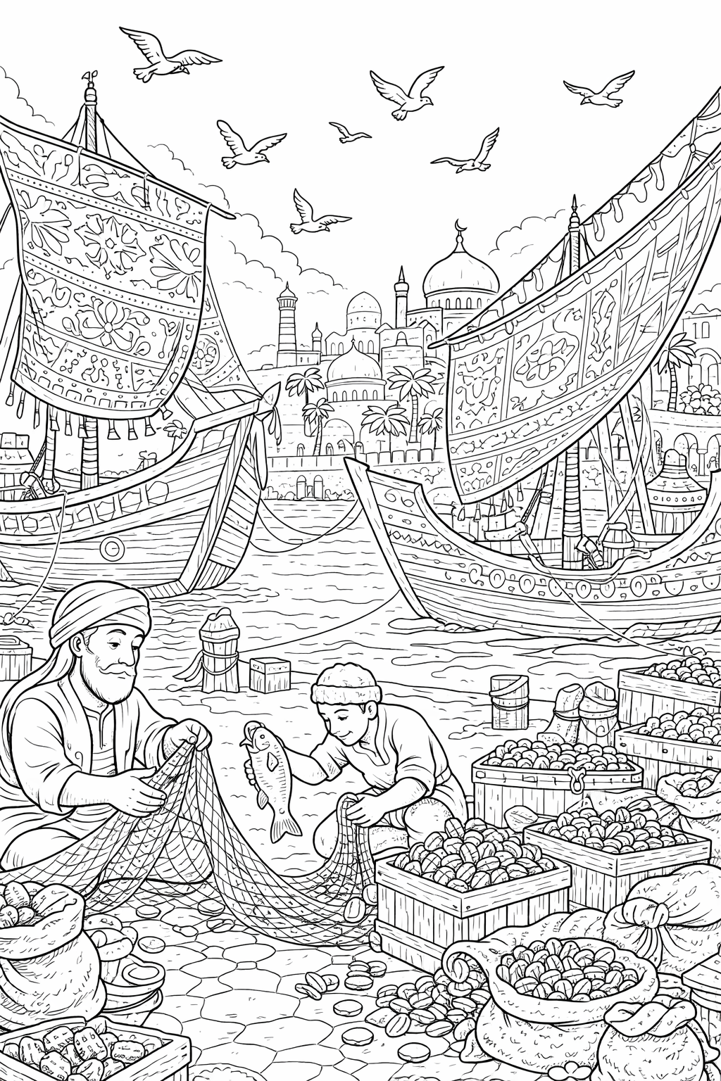 Arabian marketplace coloring page with boats and merchants