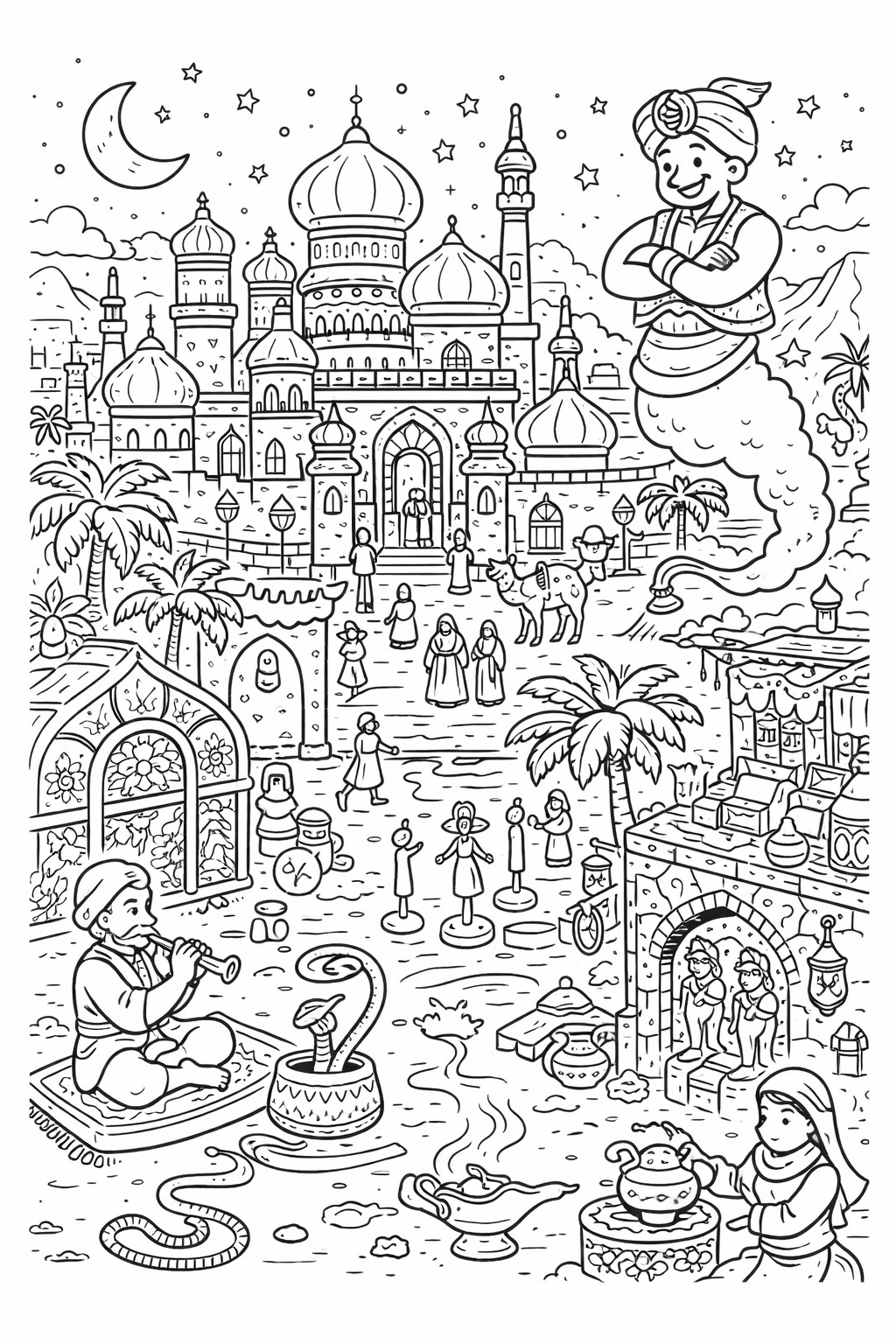 Arabian Nights themed children's coloring page