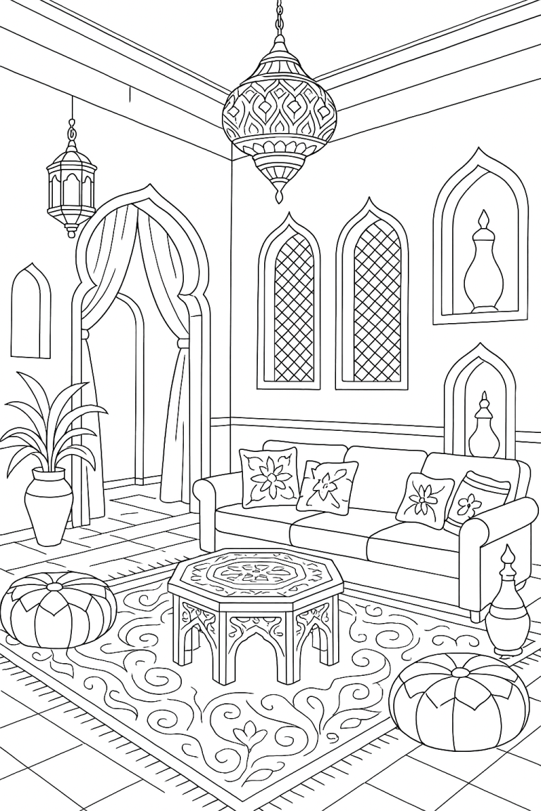 Coloring page of an Arabic living room with ornate furniture and decor.