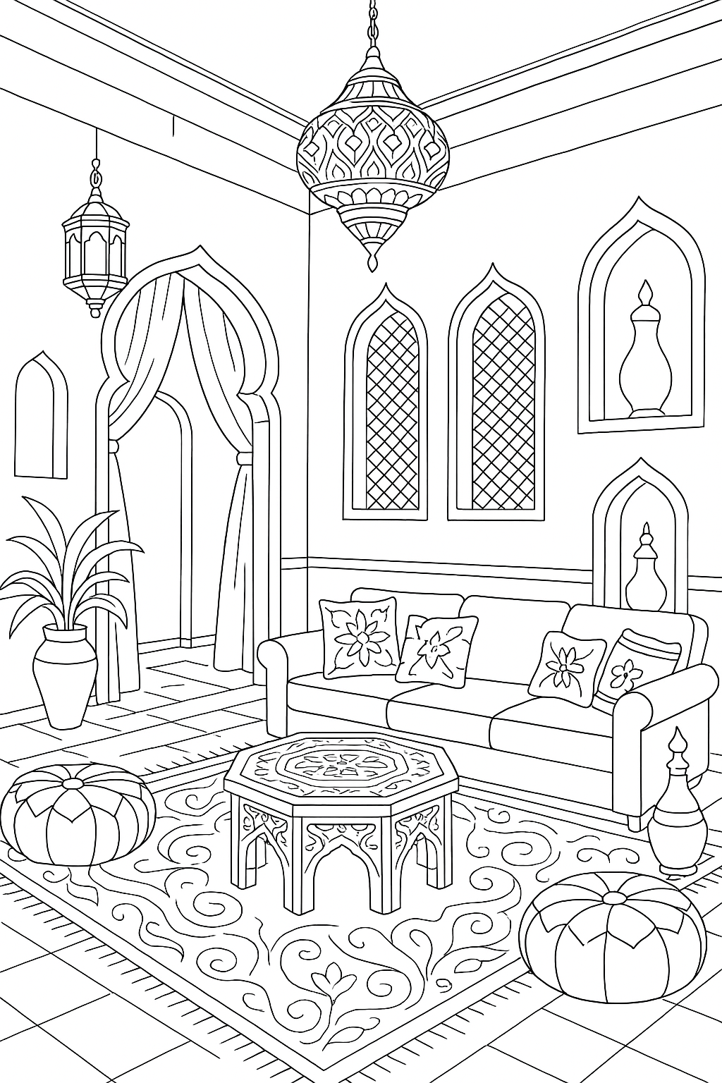 Coloring page of an Arabic living room with ornate furniture and decor.