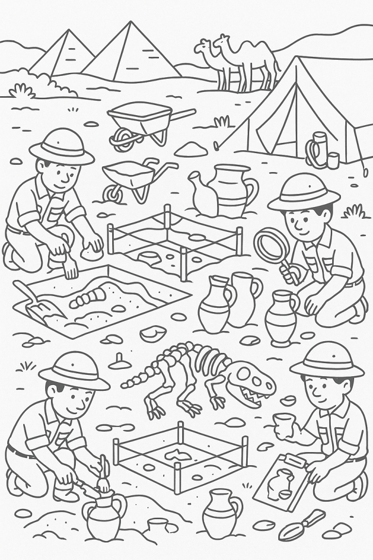 Children at an archaeological dig site with pyramids and artifacts.