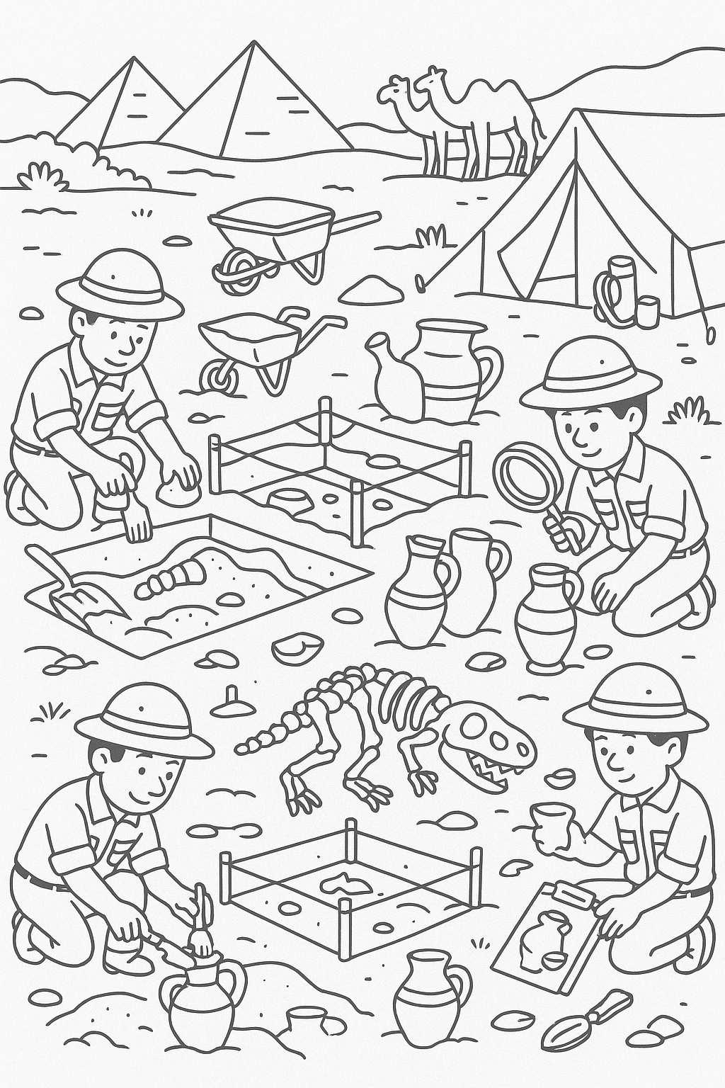 Children at an archaeological dig site with pyramids and artifacts.