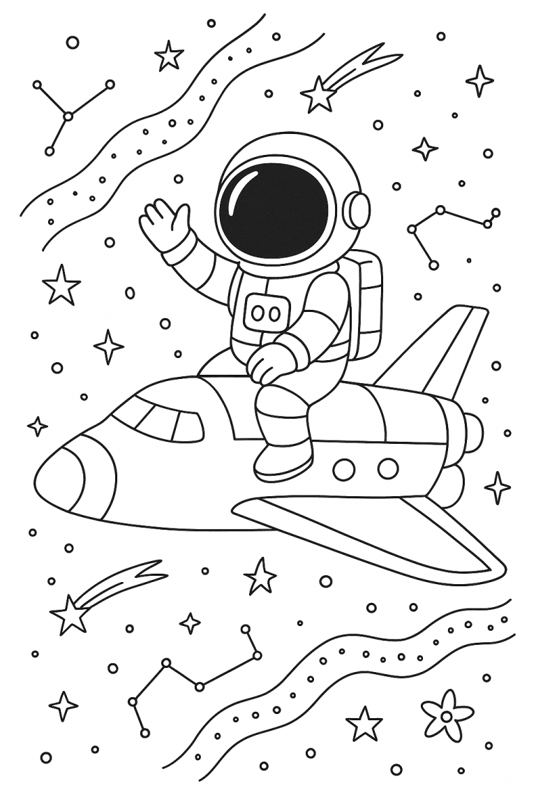 Astronaut waving from spaceship surrounded by stars