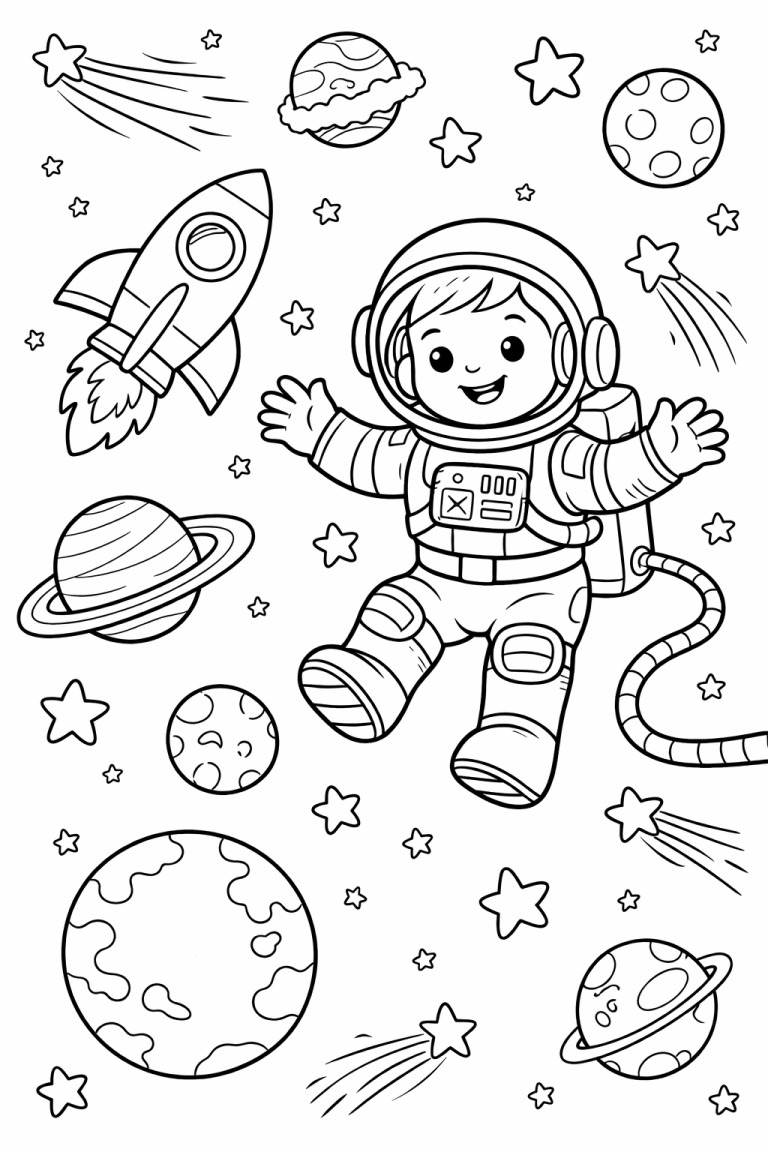 Astronaut floating in space with planets and stars.