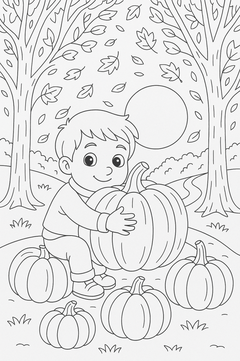 Child with pumpkins in autumn coloring page