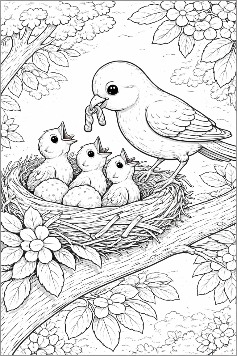 Coloring page of a parent bird feeding baby birds in a nest.