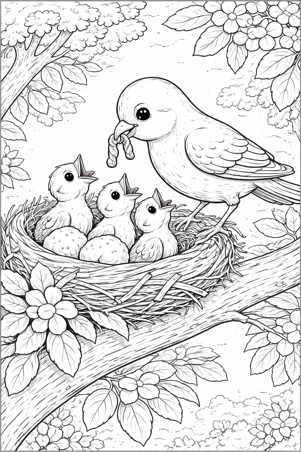 Coloring page of a parent bird feeding baby birds in a nest.