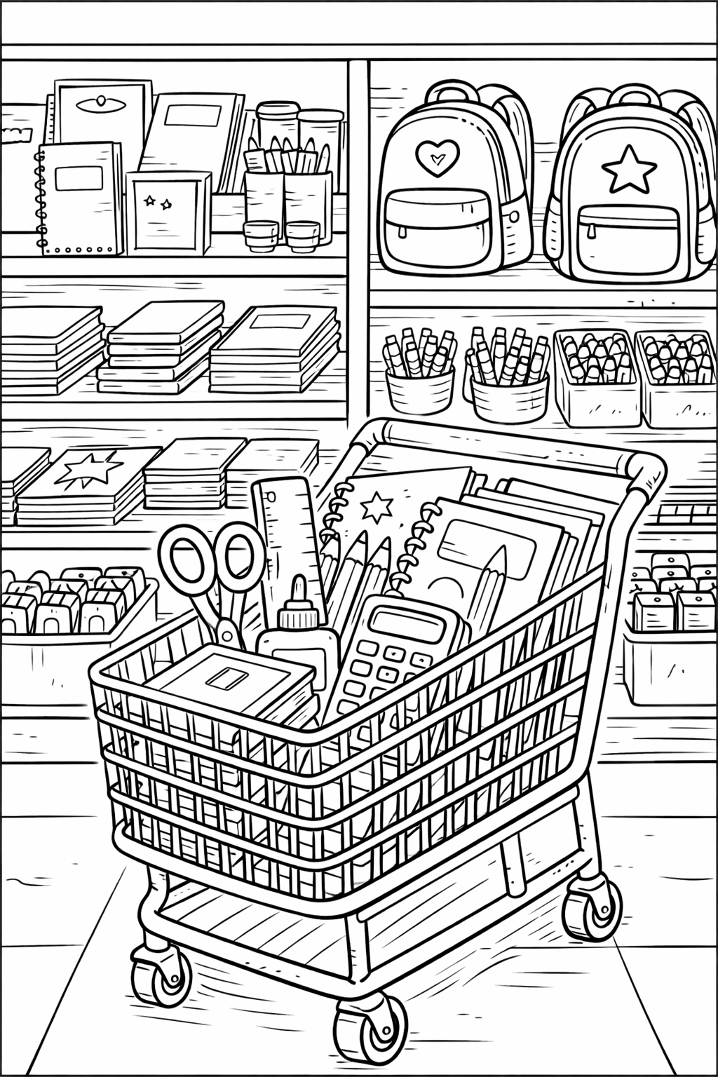 School supplies in shopping cart coloring page