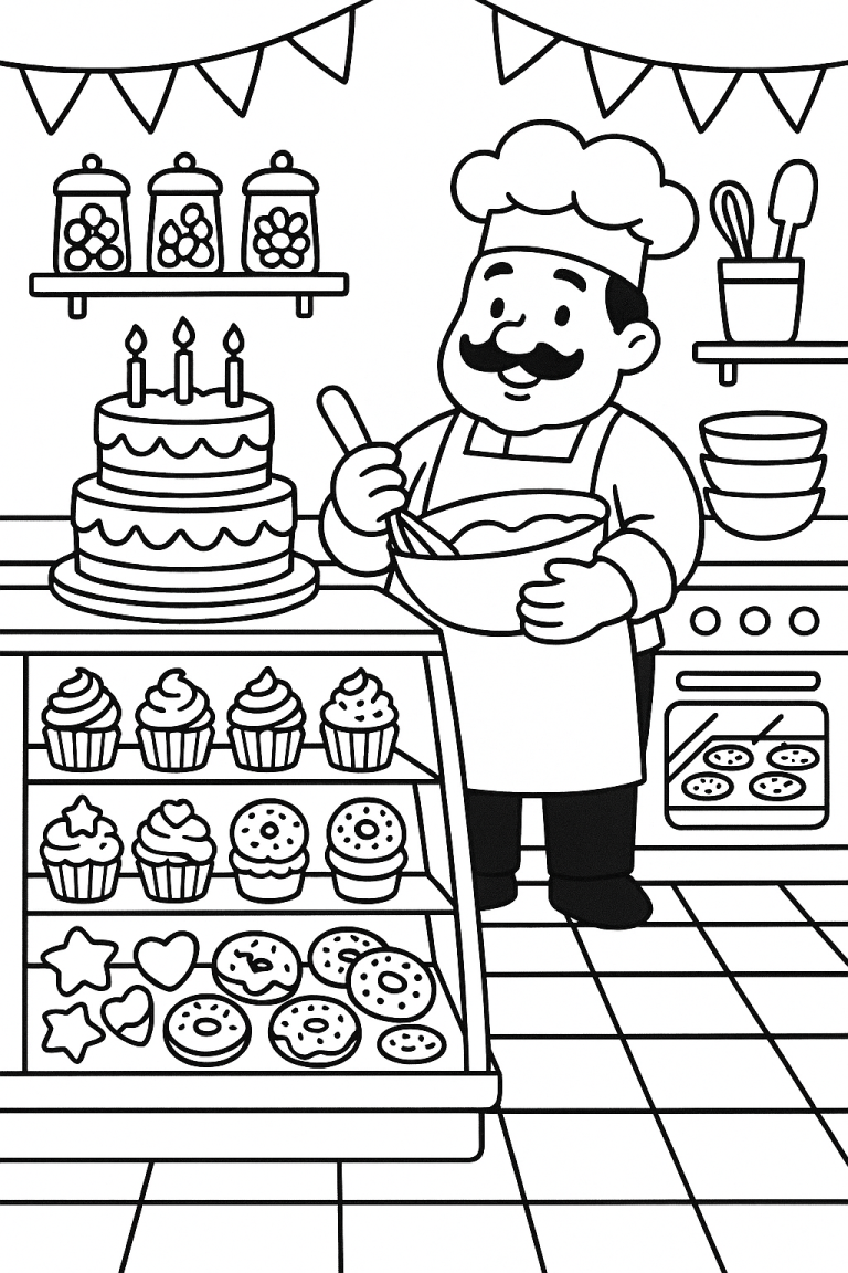 Baker in a bakery coloring page with cakes and pastries.
