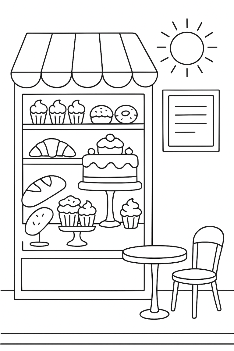 Bakery scene coloring page with pastries and table