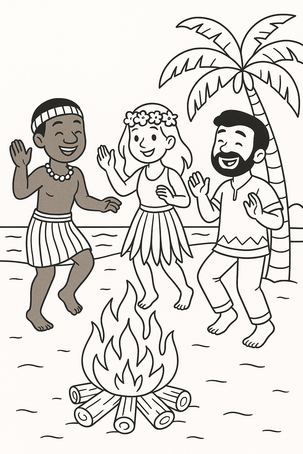 Beach luau coloring page with dancers and campfire