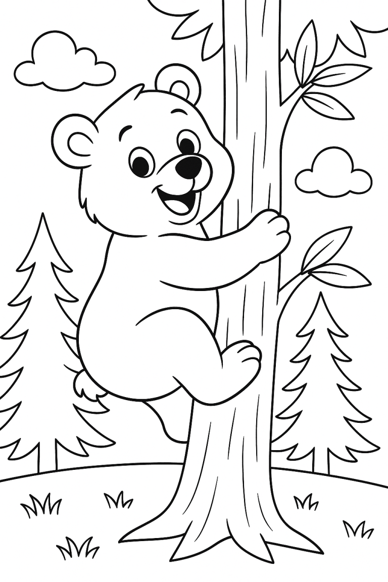Bear climbing a tree in the forest coloring page