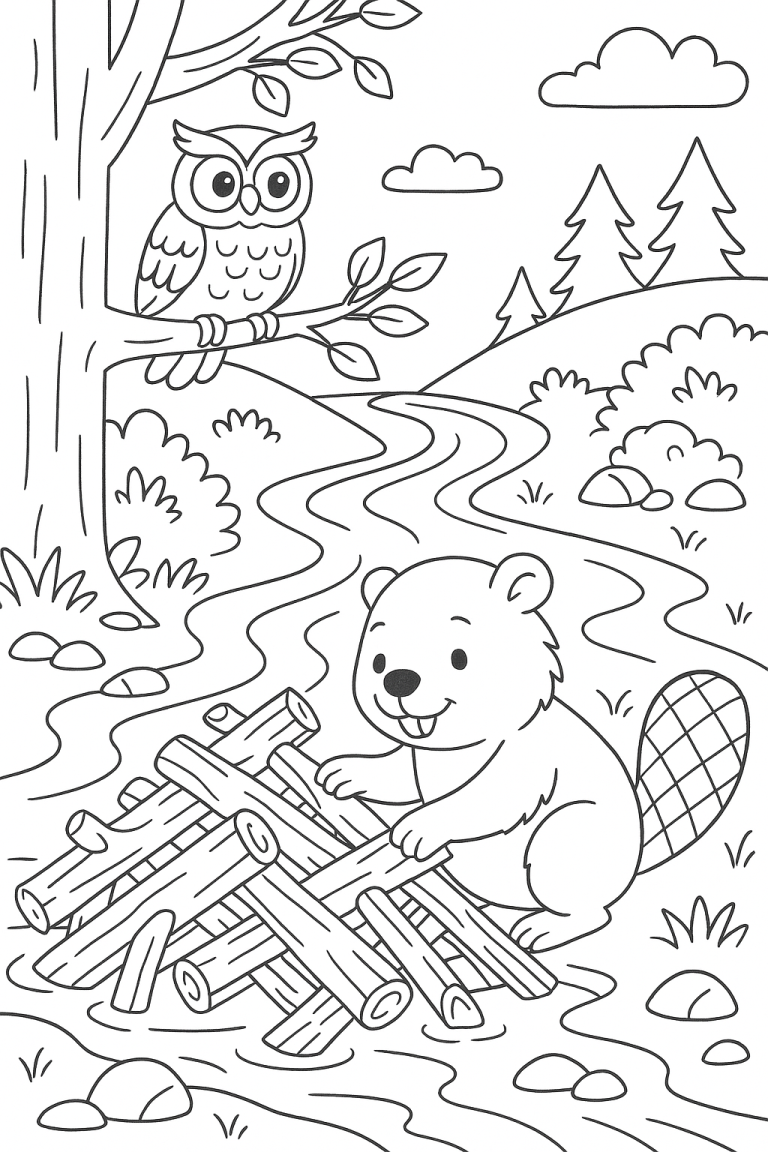 Coloring page showing a beaver building a dam and an owl in a tree.