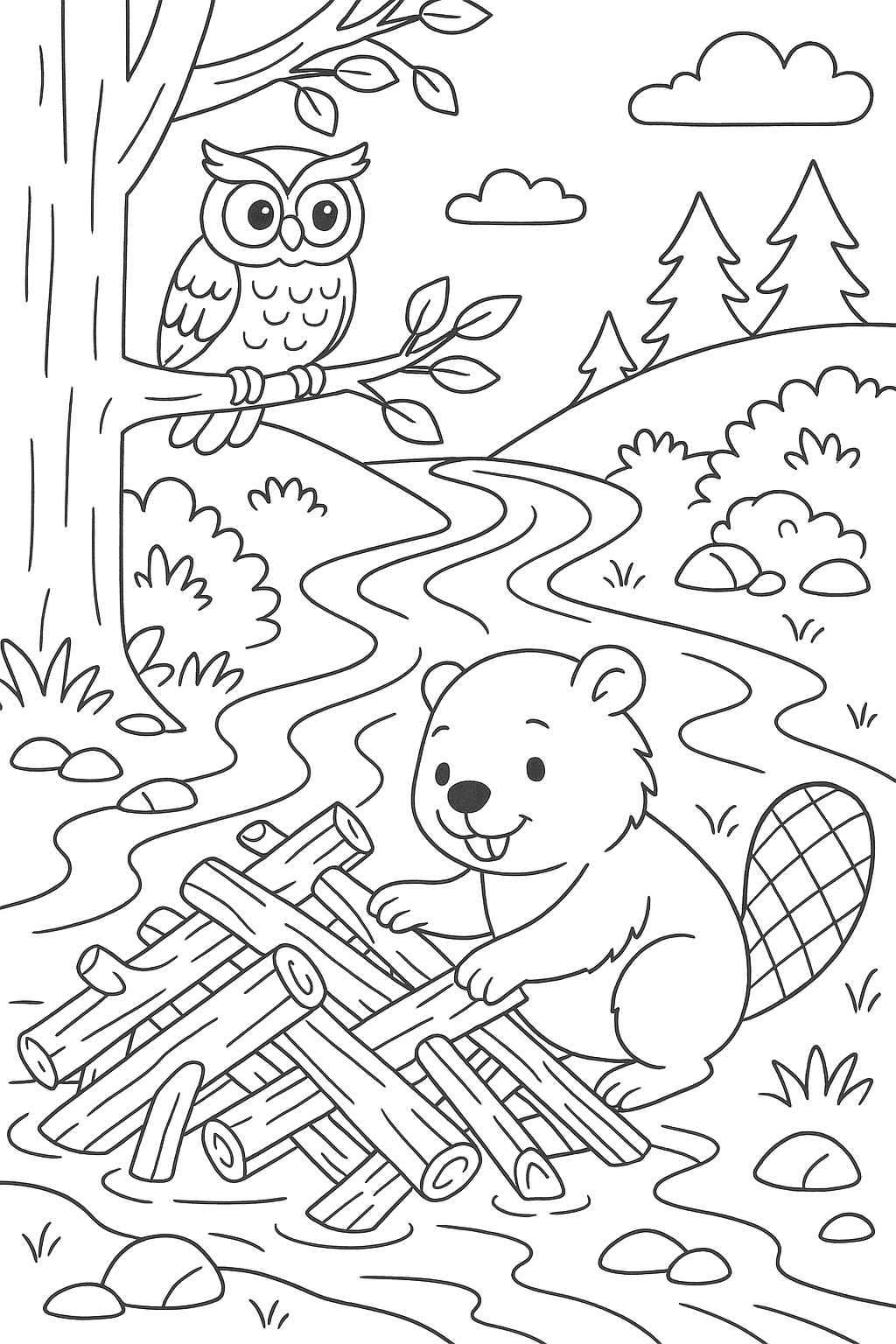 Coloring page showing a beaver building a dam and an owl in a tree.