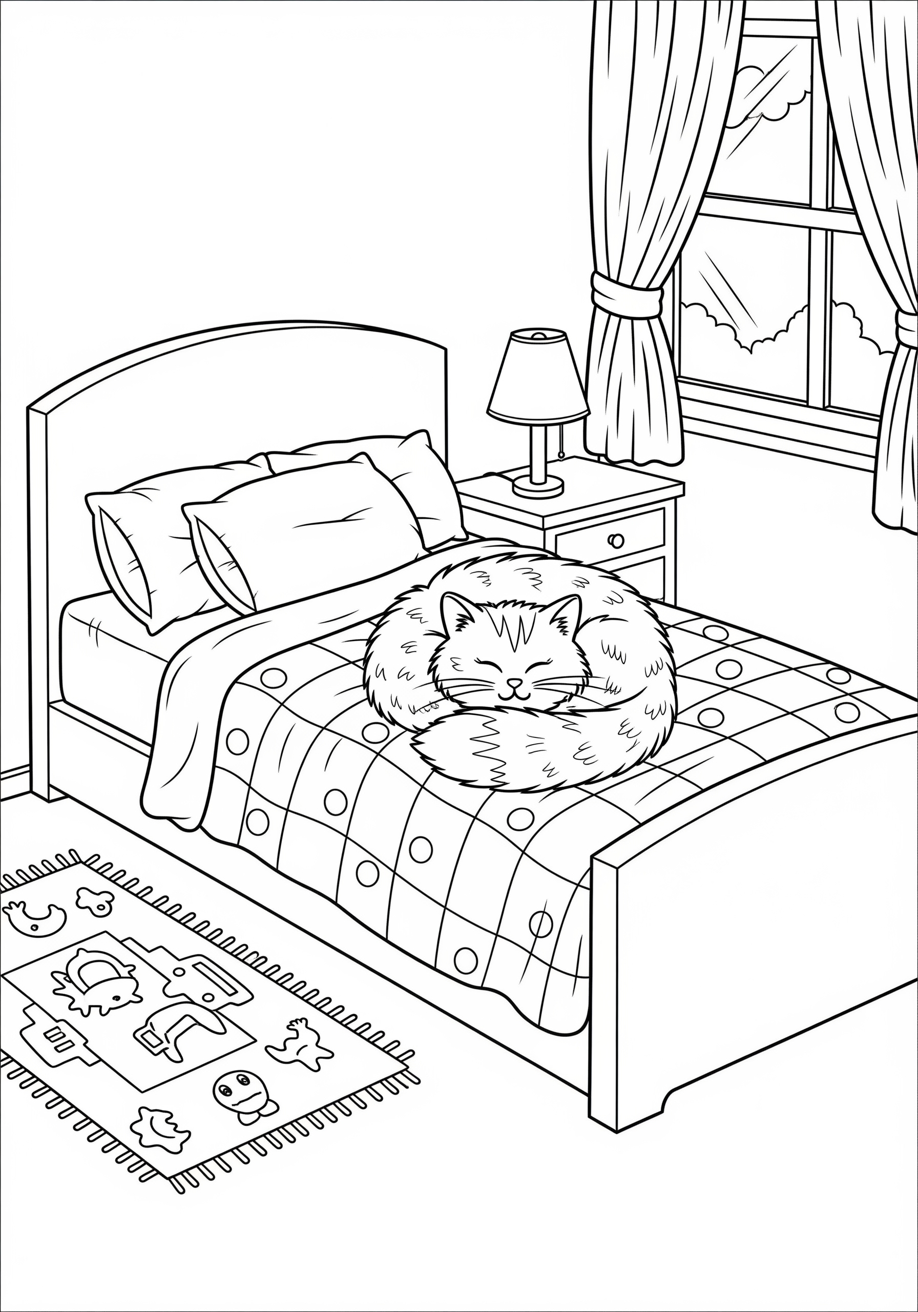 Coloring page of a bedroom scene with a cat on the bed