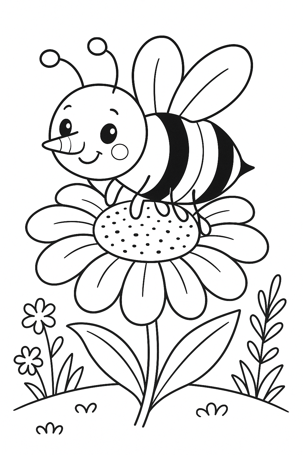 A cute bee sitting on a large flower coloring page