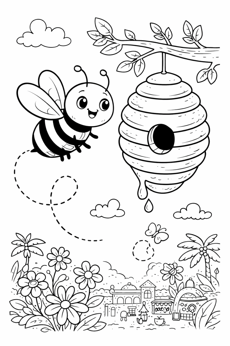 Bee flying near hive with flowers