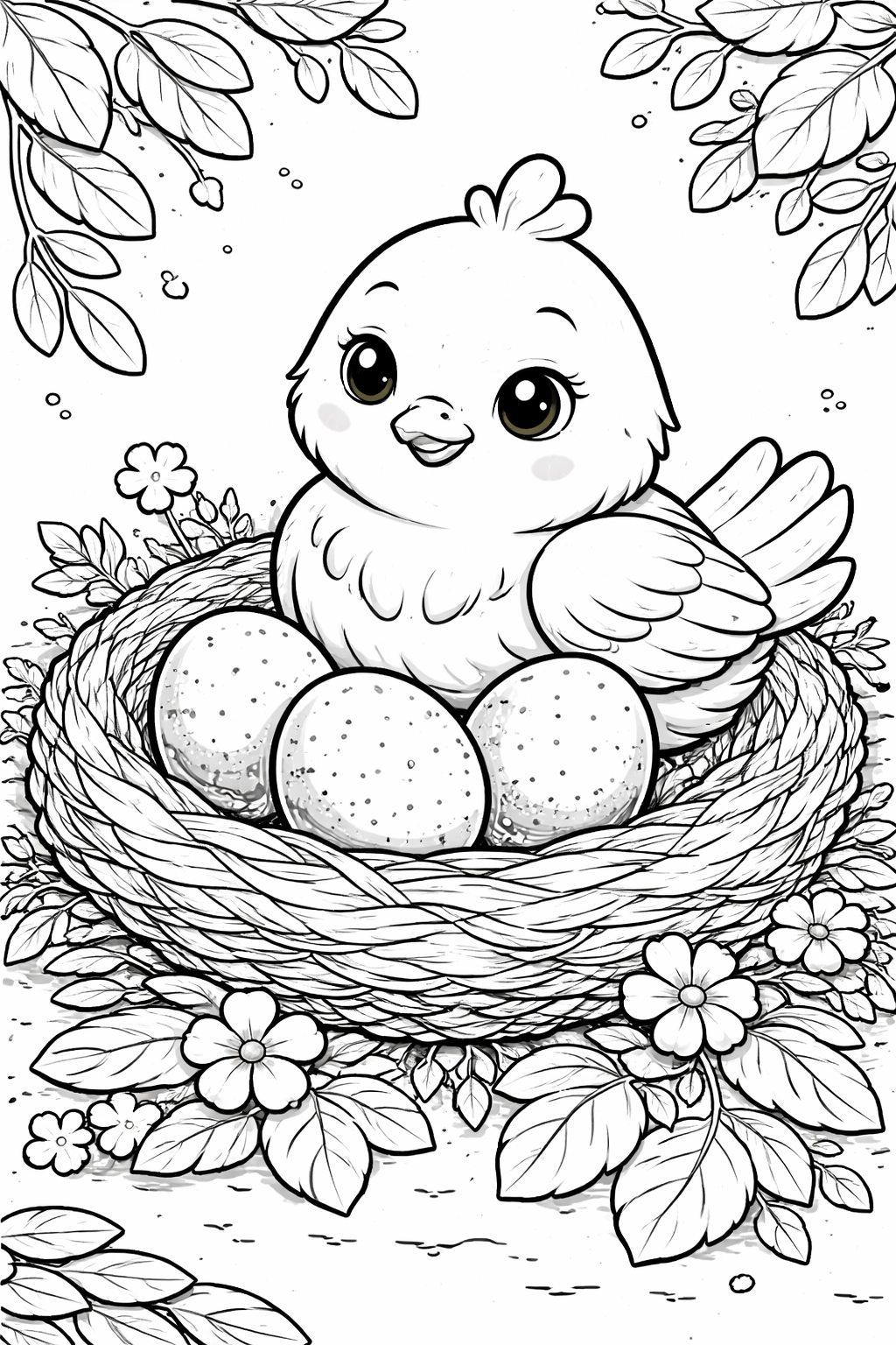 Cute bird in a nest with eggs coloring page