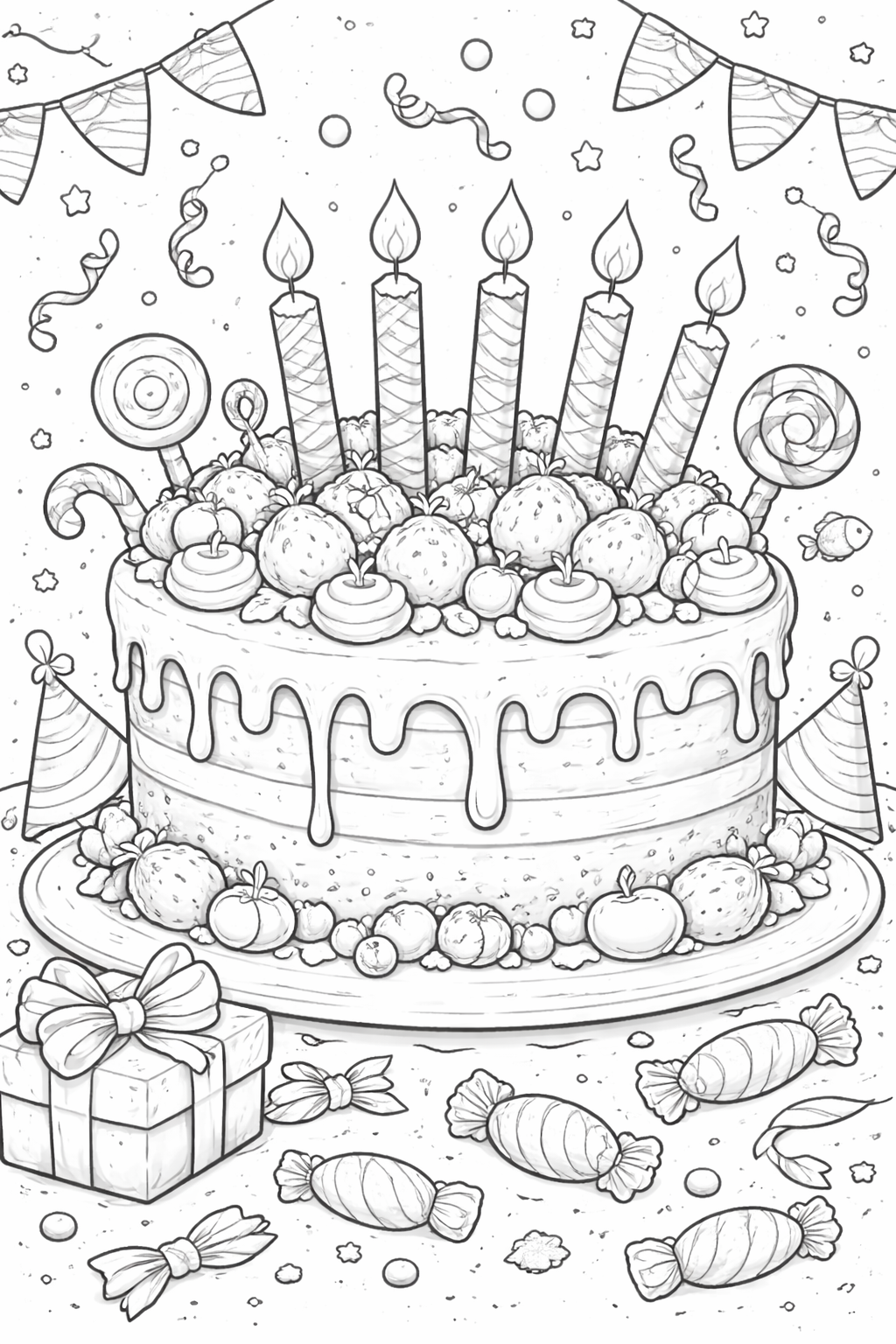 Birthday cake coloring page with candles and decorations