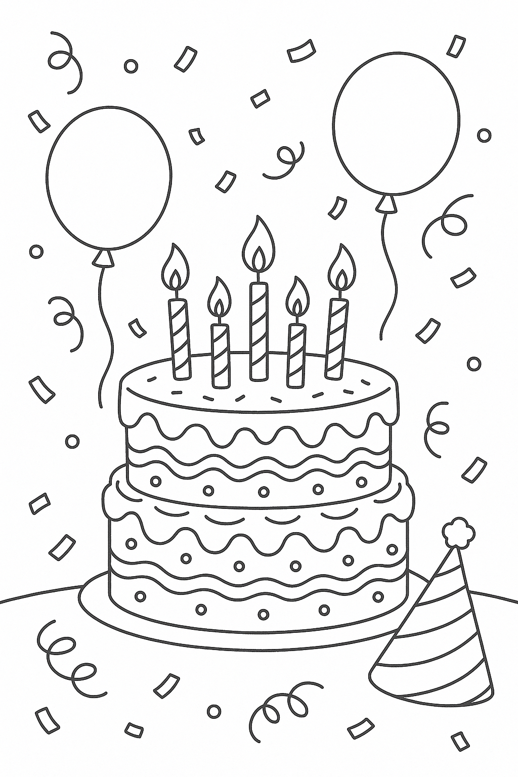 A coloring page of a birthday cake with candles and balloons.