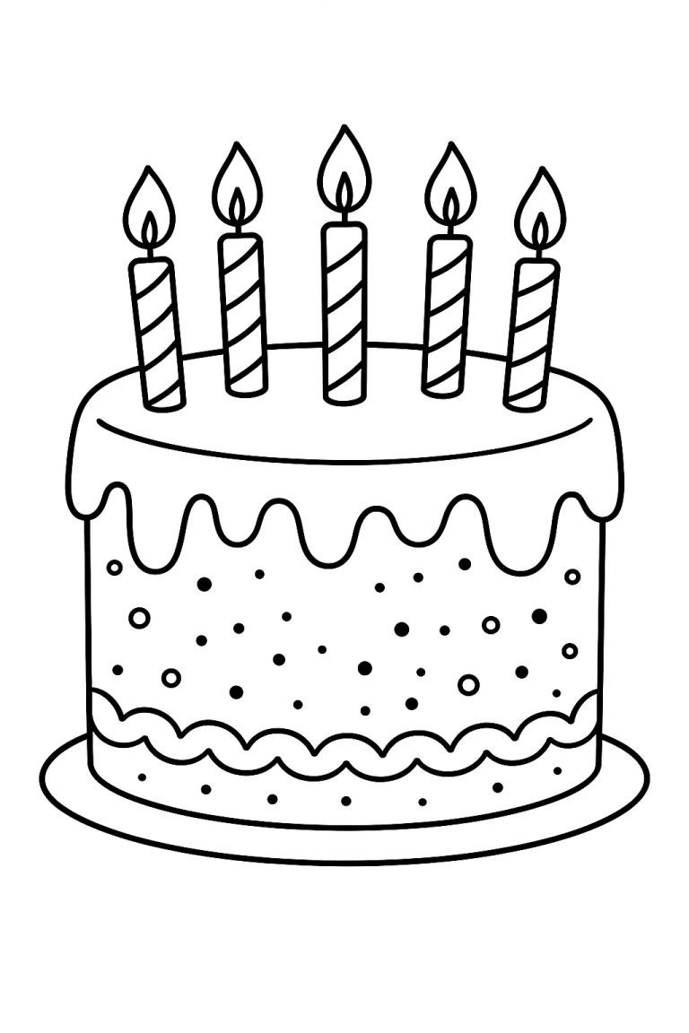 Birthday cake coloring page with candles