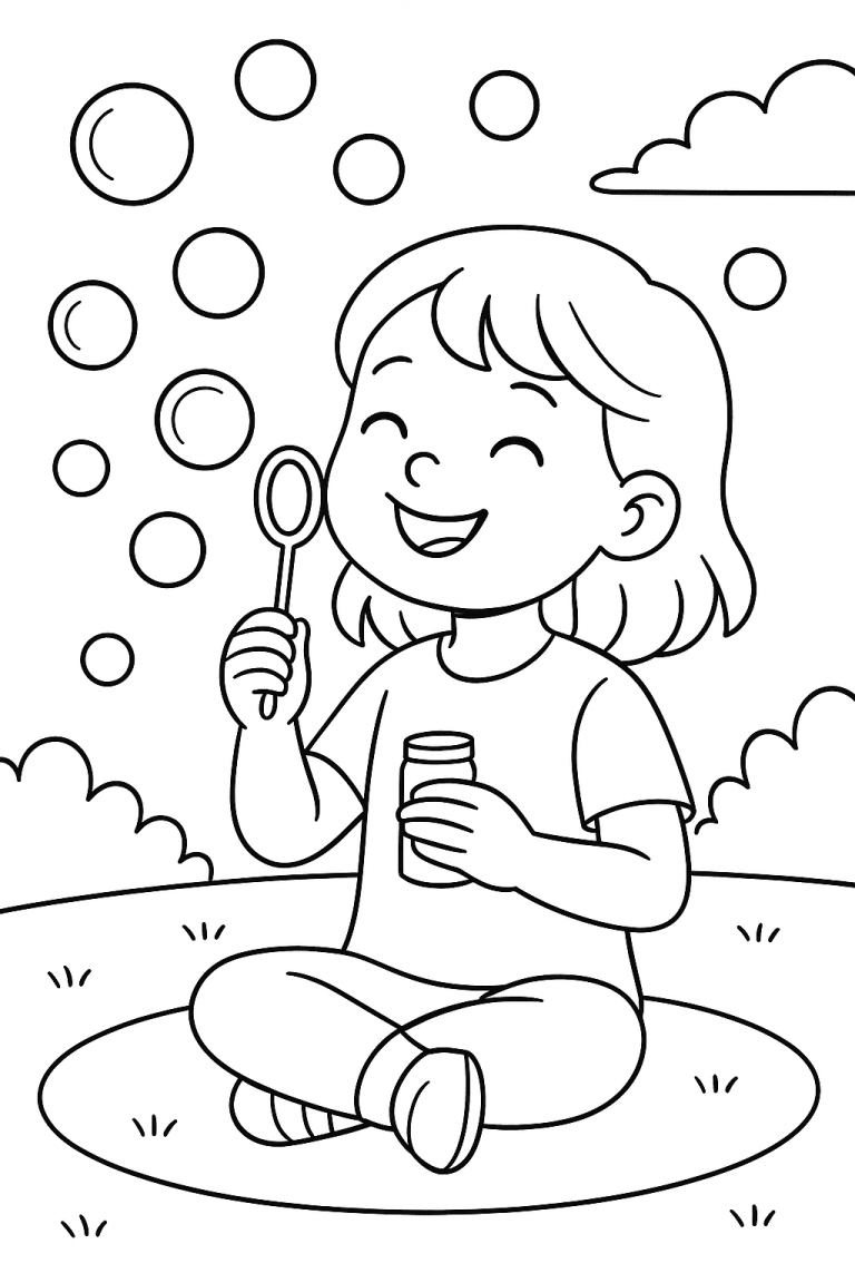 Child sitting on grass blowing bubbles