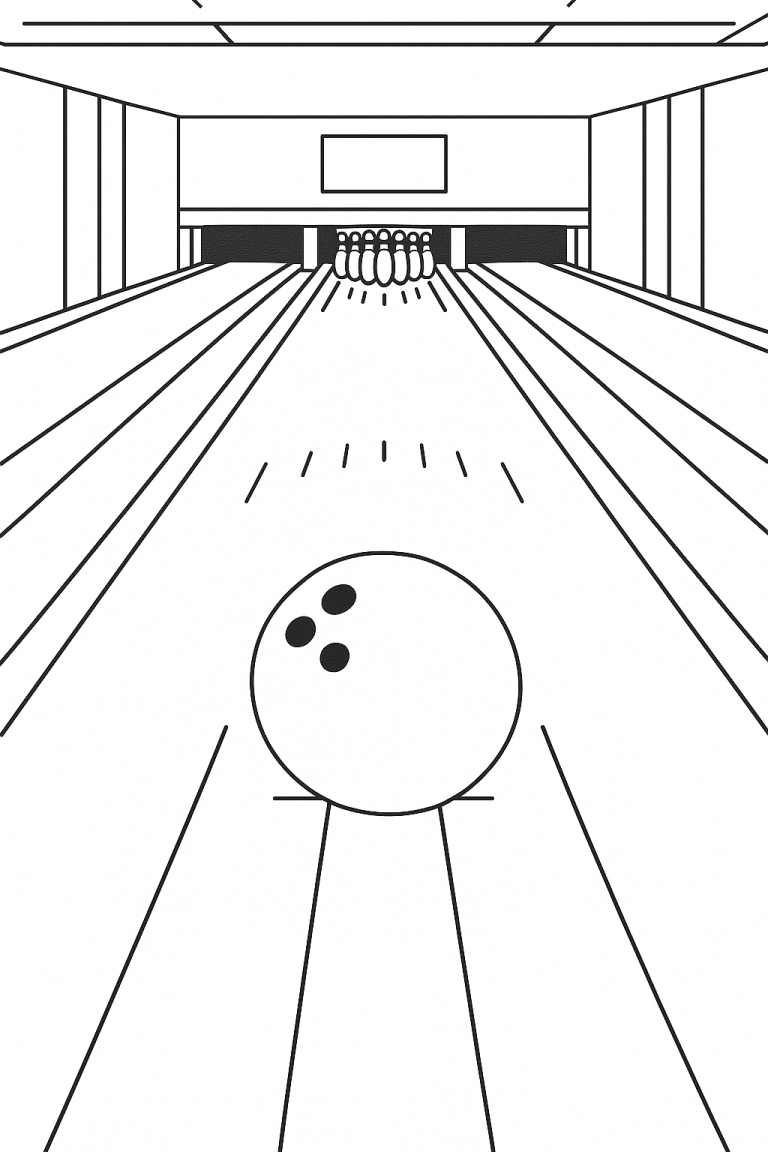 Bowling alley coloring page with pins and ball