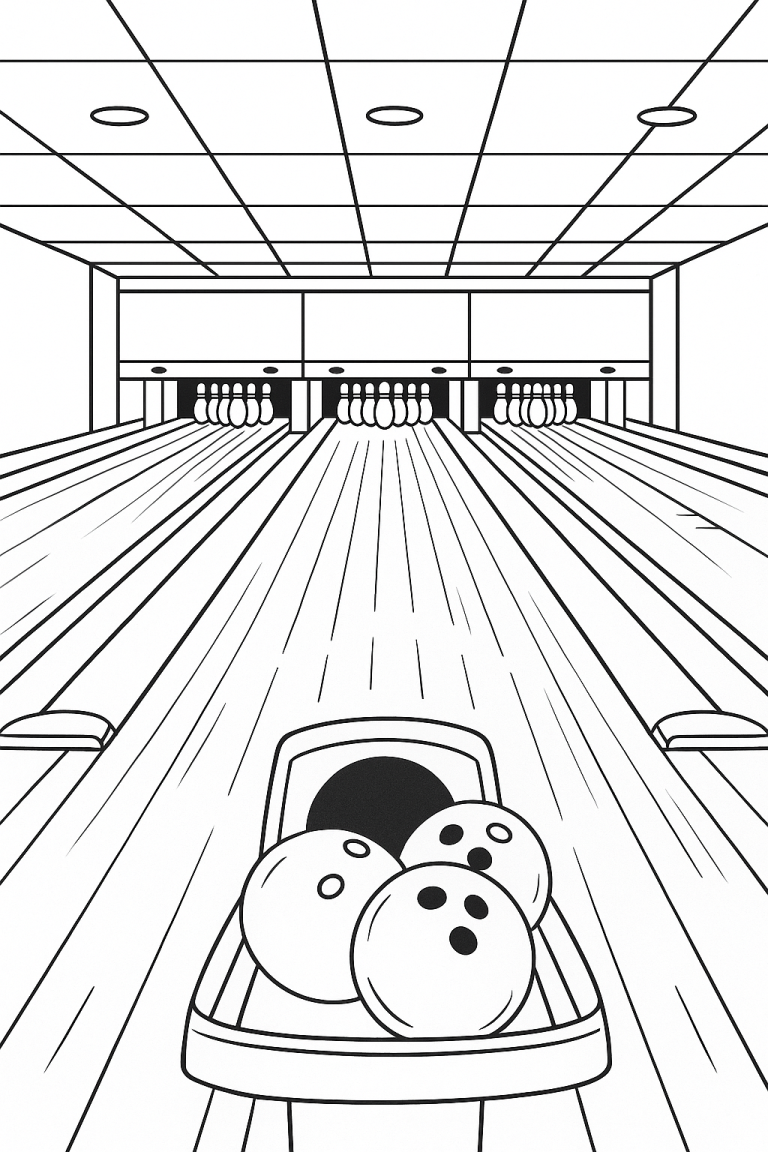 Children's coloring page of a bowling alley with lanes and pins.