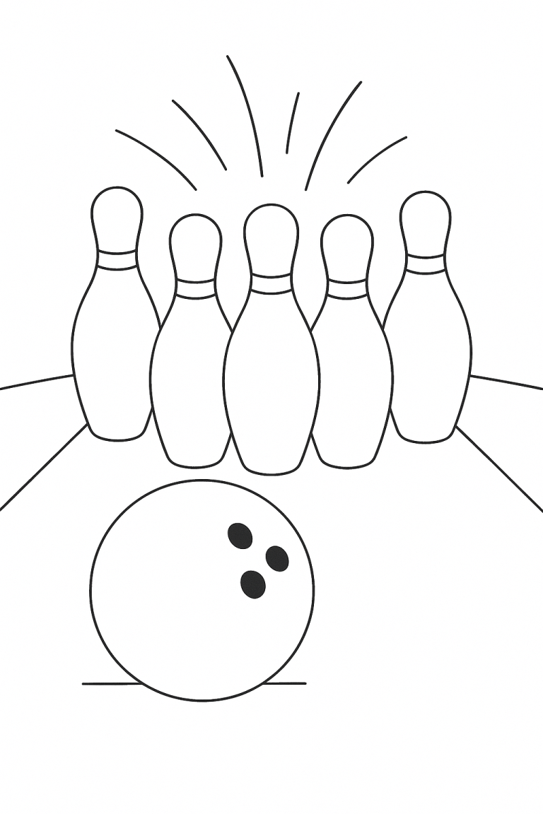 Black and white bowling ball and pins for coloring