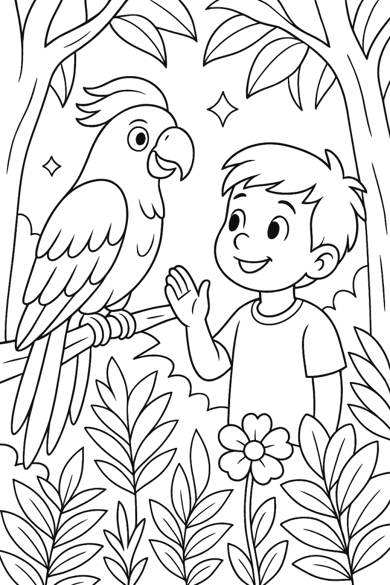 Boy waving to a parrot on a branch