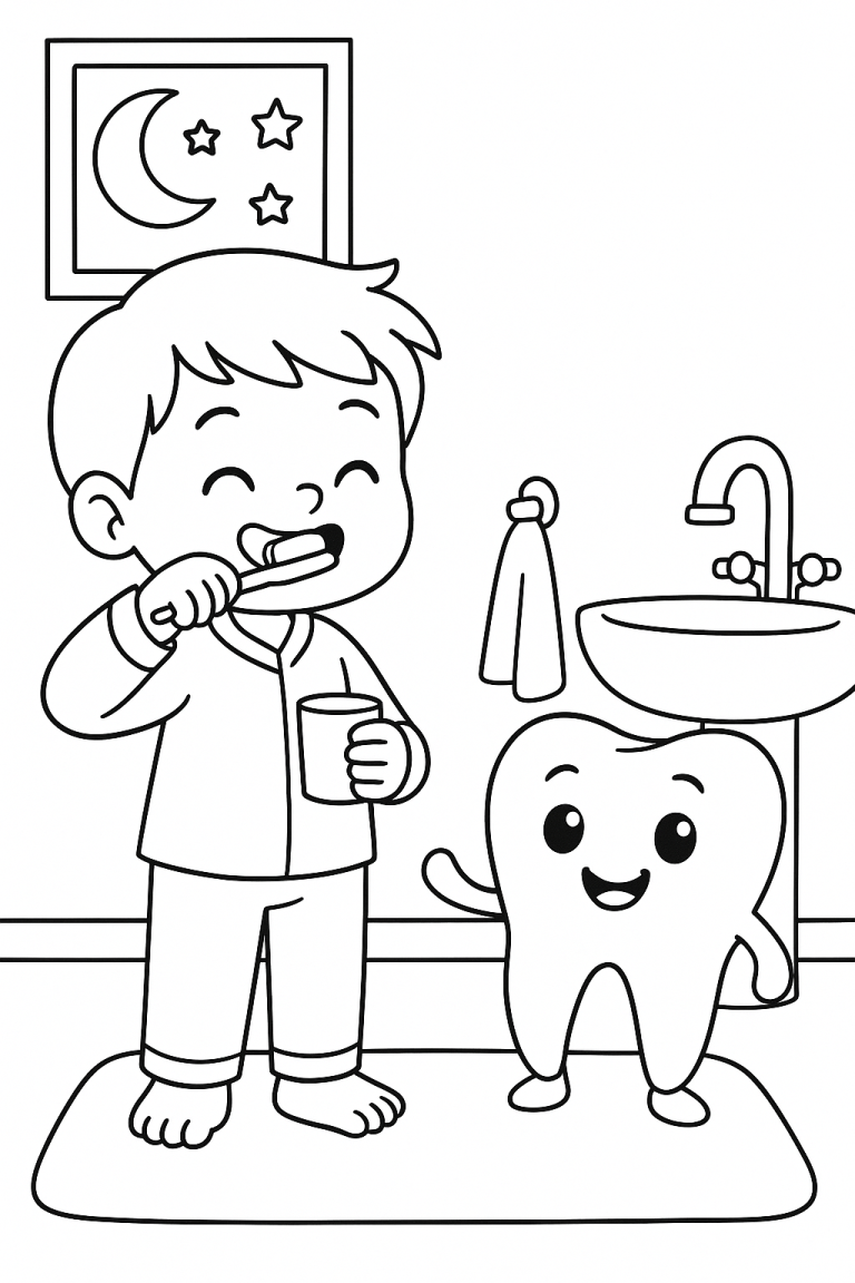 Child brushing teeth with a happy tooth character