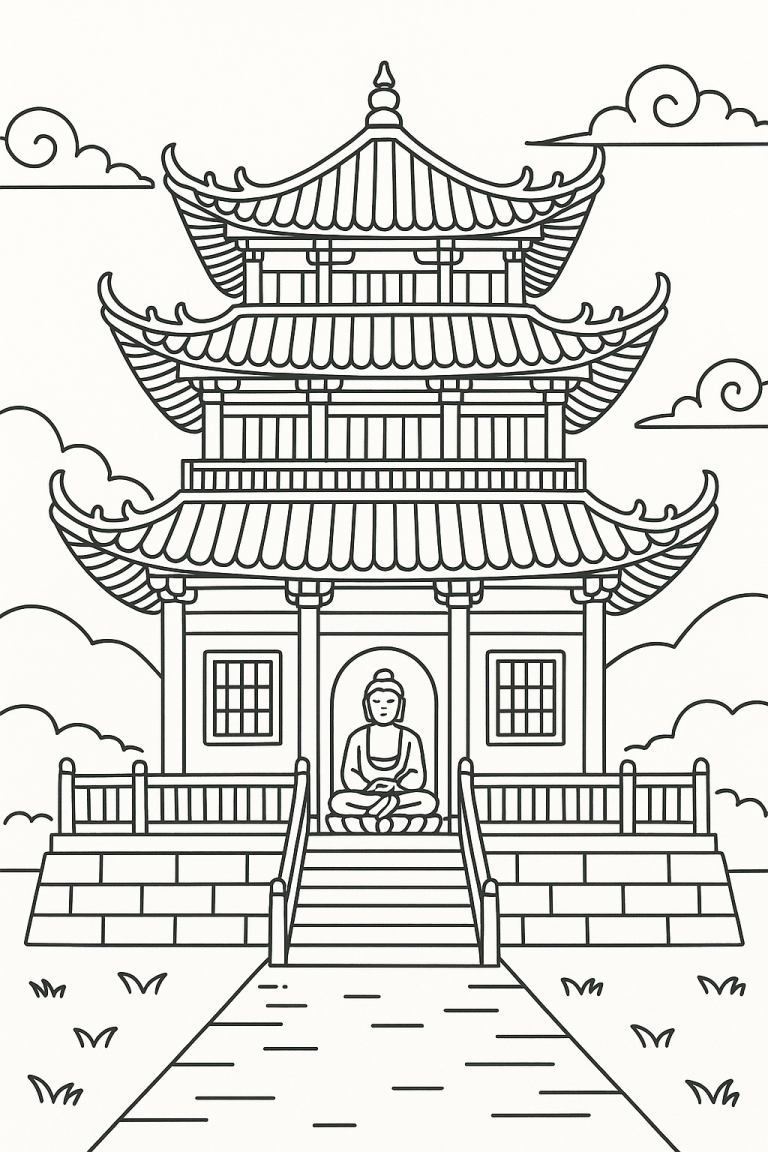 Coloring page of a Buddhist temple with a statue