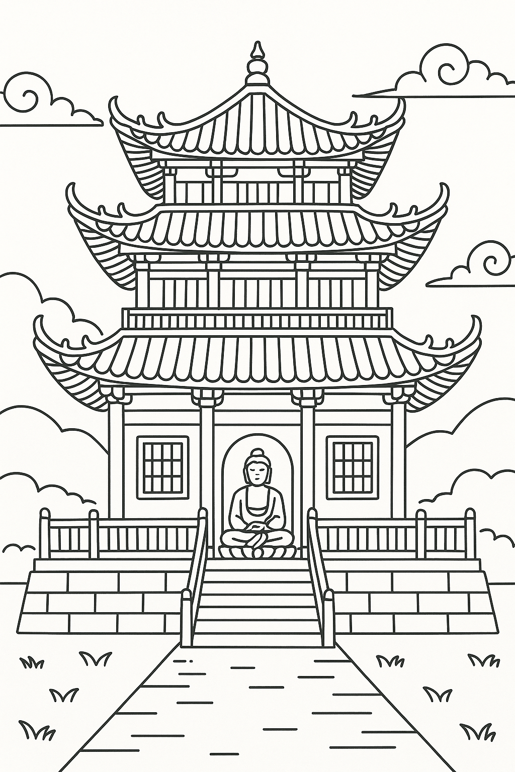 Coloring page of a Buddhist temple with a statue