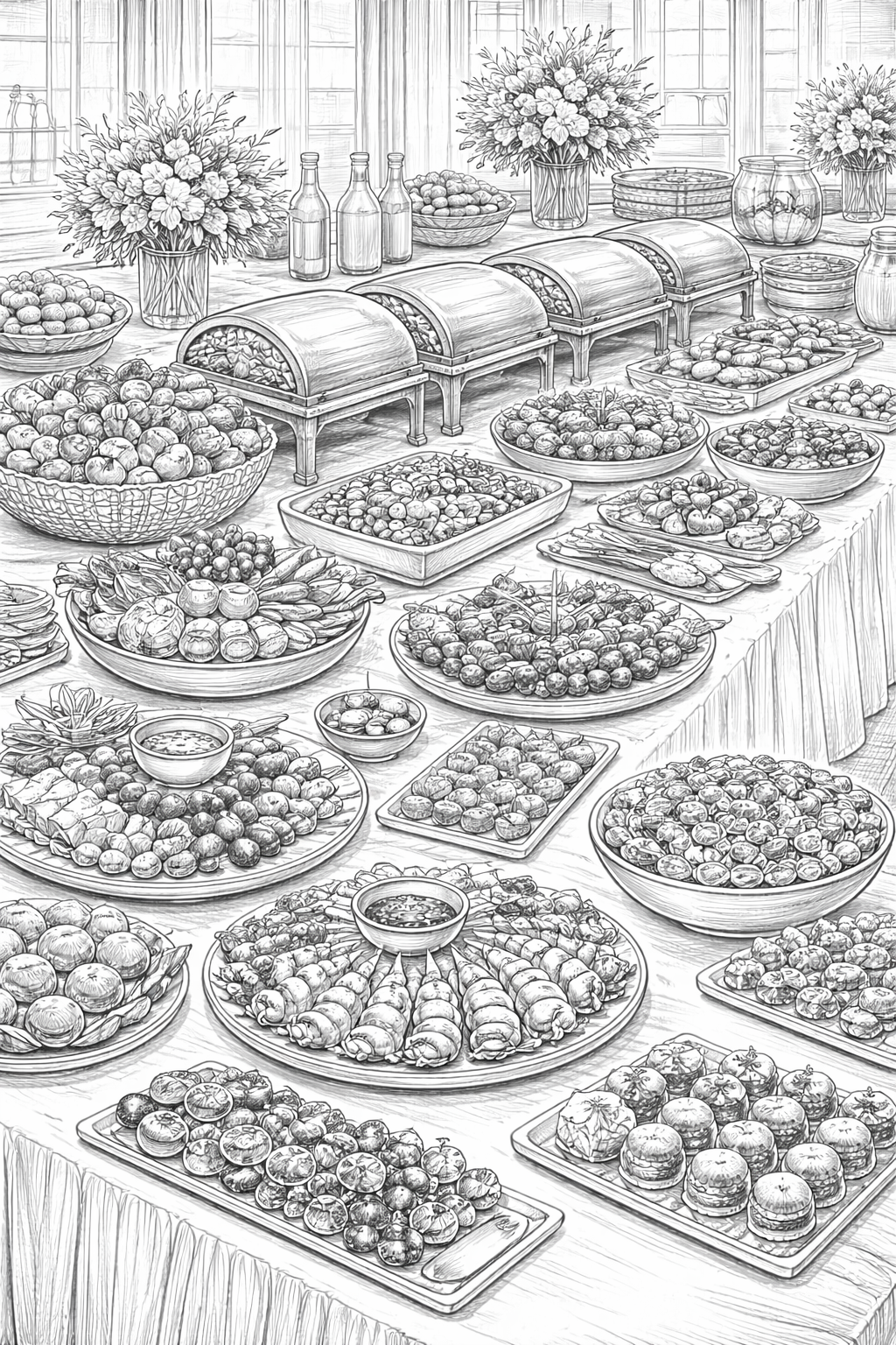 Detailed buffet table illustration with various foods