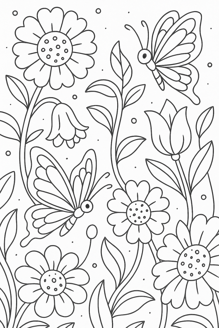 Butterflies and flowers coloring page