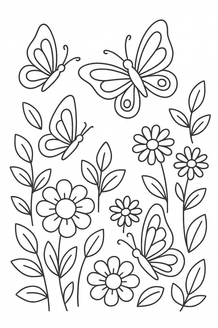 Coloring page with butterflies and flowers