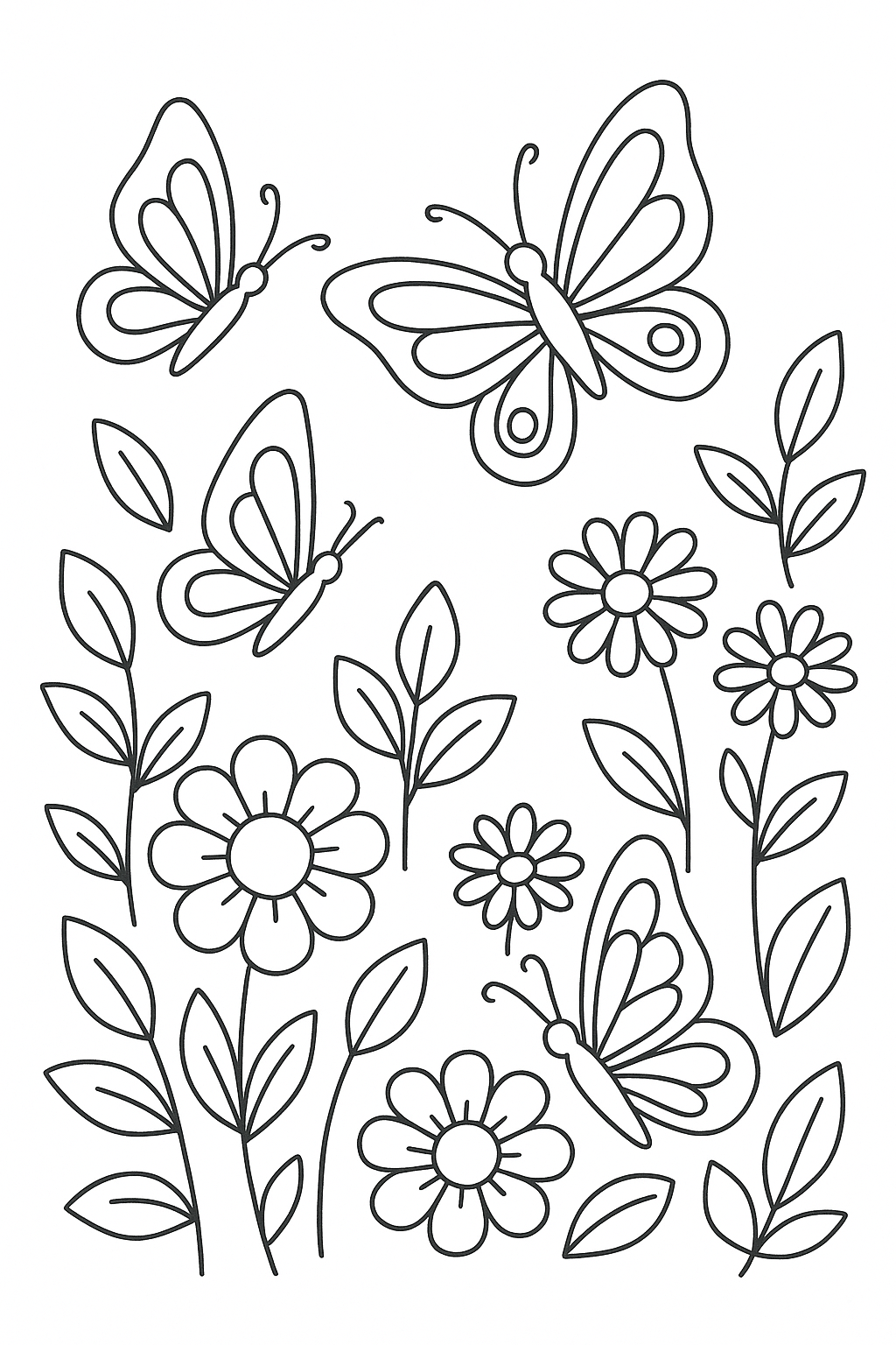 Coloring page with butterflies and flowers
