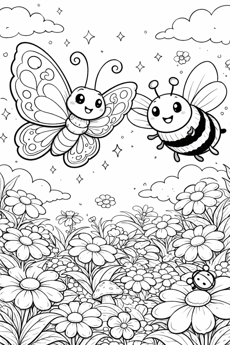 Butterfly and bee in a flower garden coloring page